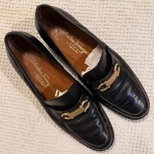 Salvatore Ferragamo Black with Gold Horsebit Loafers Size 7.5 Made in Italy